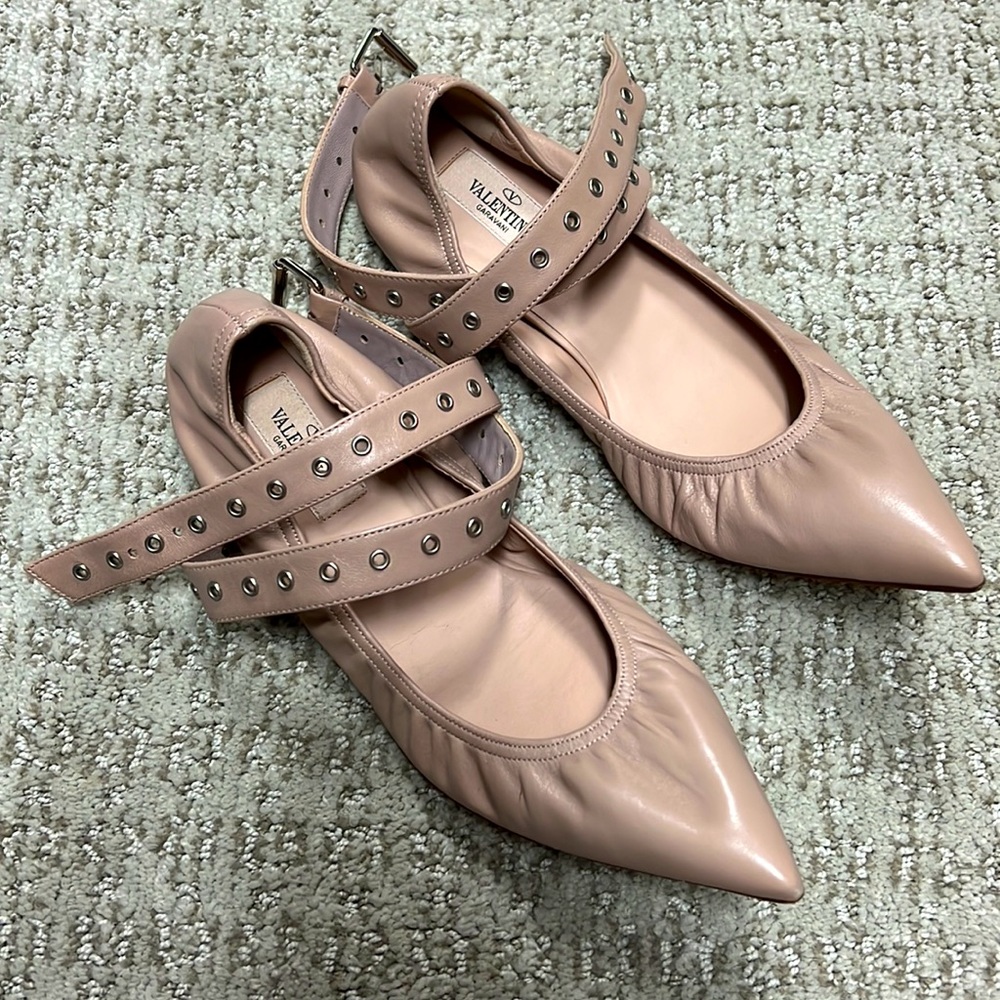 Valentino Pointed Toe Love Latch Ankle Strap Nude Pink Flats with Grommets